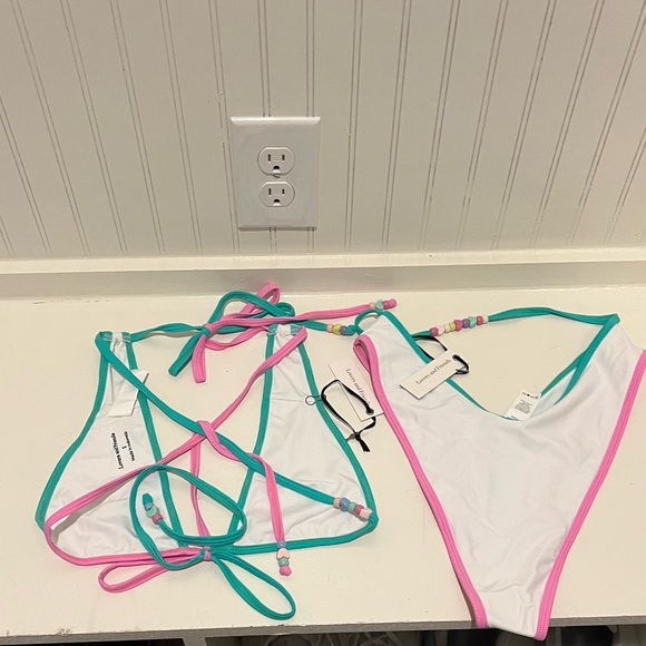 Lovers + Friends White Bikini with Pink and Green Accents - Picture 3 of 4
